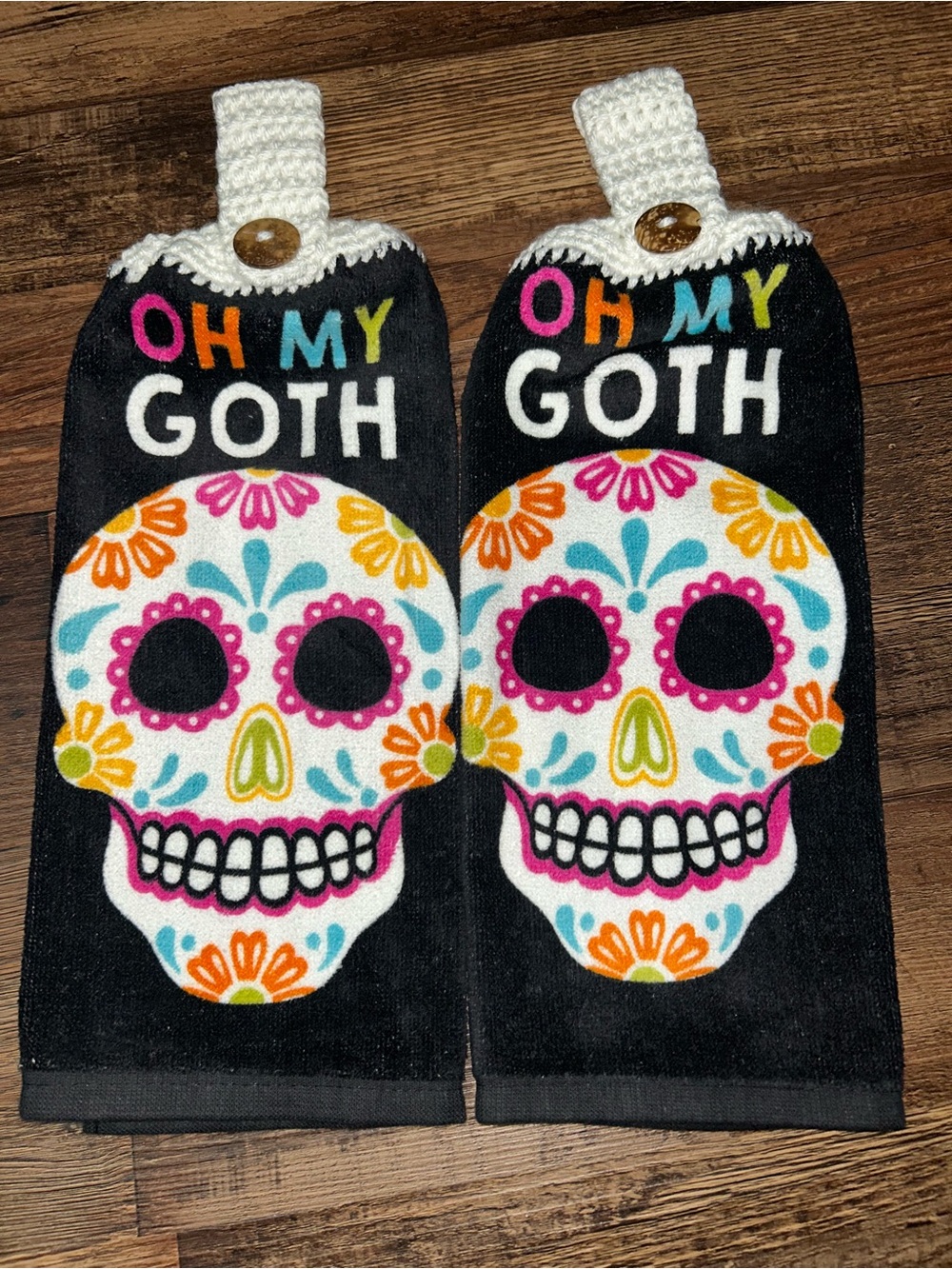 Oh My Goth Black Sugar Skull Halloween Hanging Kitchen Towel Set